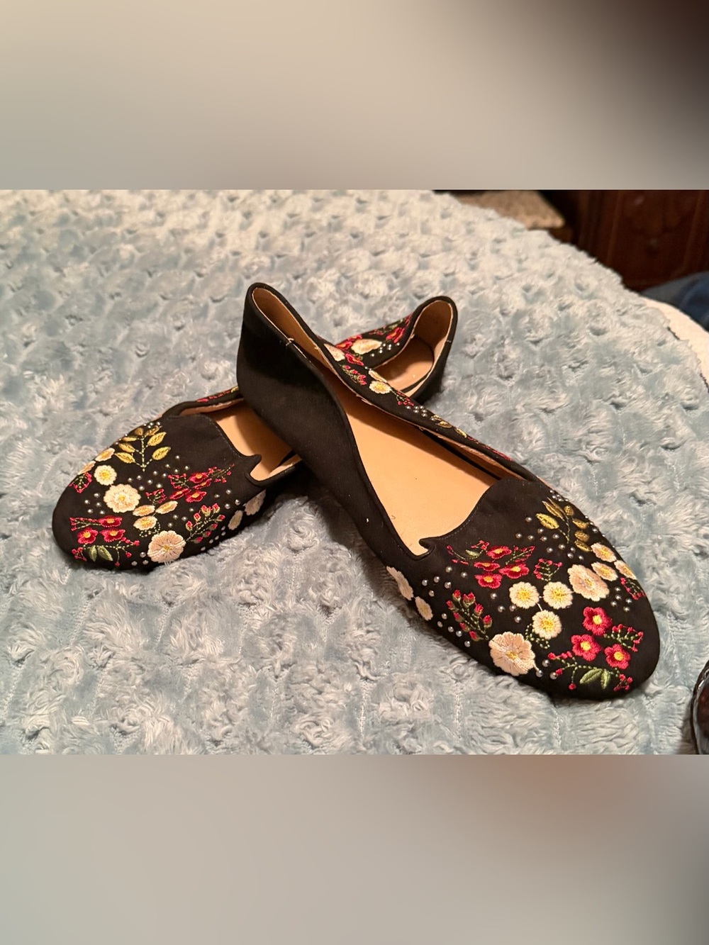 Topshop Black Floral Embroidered Slip-On Ballet Flats